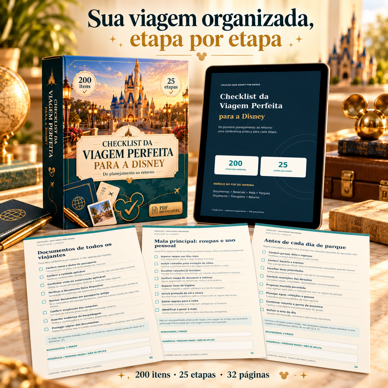 Caixa, tablet e páginas do checklist Disney