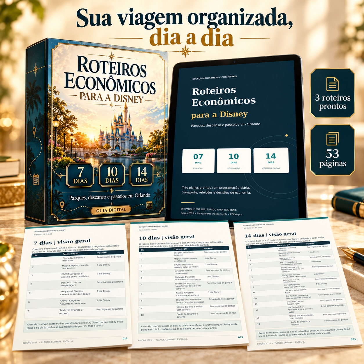 Caixa, tablet e páginas dos roteiros econômicos